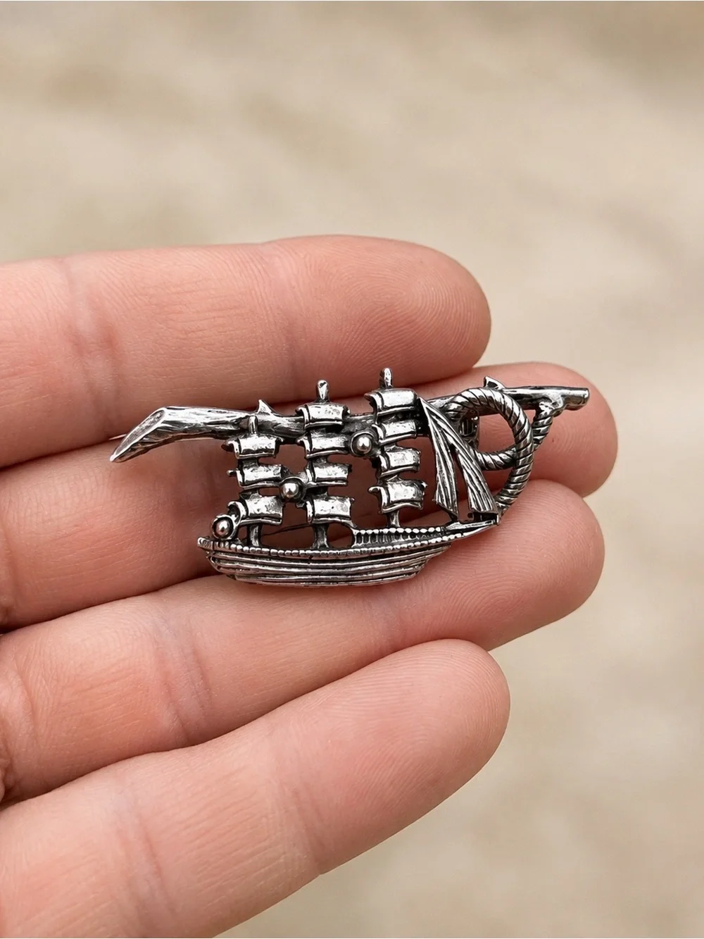 Vintage Silver Tone Sailing Ship Brooch Nautical Schooner Sailboat Pin 2.25”